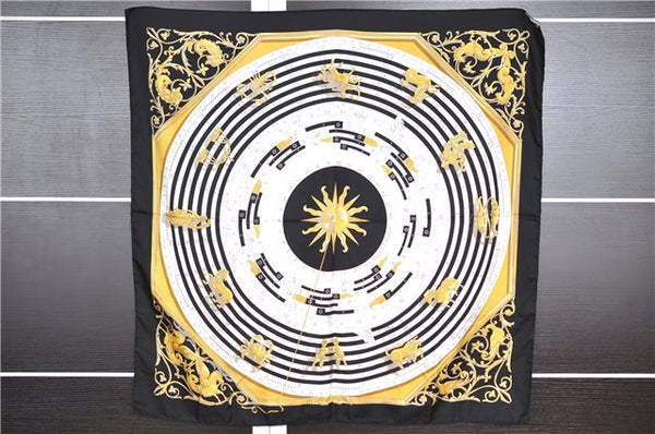 Authentic HERMES Carre 90 Scarf "DIES ET HORE" Silk Black 1029G