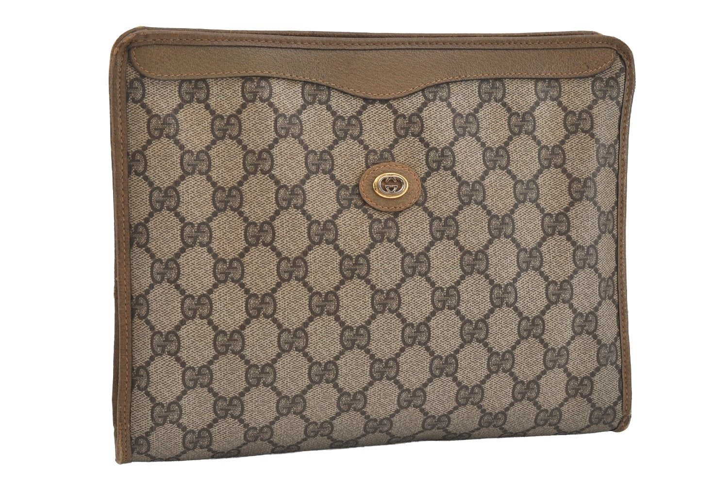 Authentic GUCCI Vintage Clutch Hand Bag Purse GG PVC Leather Brown 1029I