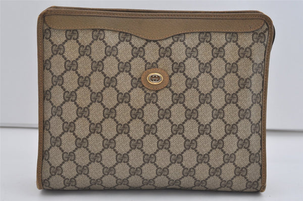 Authentic GUCCI Vintage Clutch Hand Bag Purse GG PVC Leather Brown 1029I