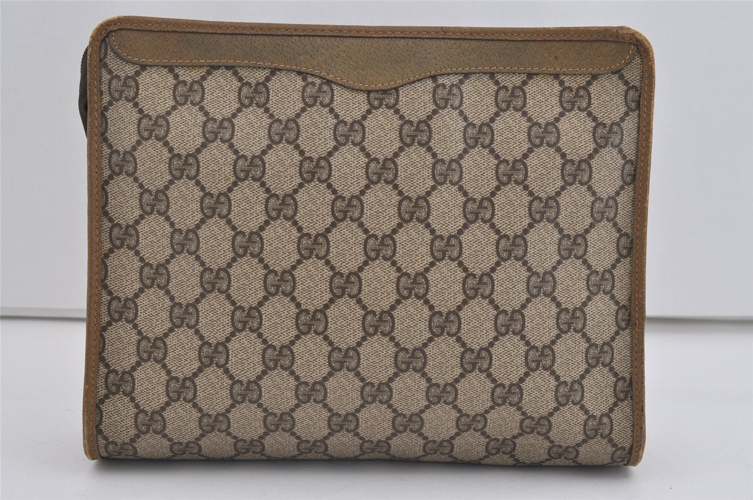 Authentic GUCCI Vintage Clutch Hand Bag Purse GG PVC Leather Brown 1029I