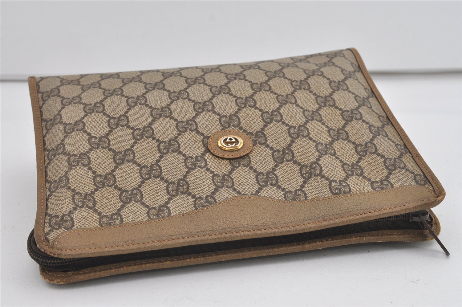 Authentic GUCCI Vintage Clutch Hand Bag Purse GG PVC Leather Brown 1029I