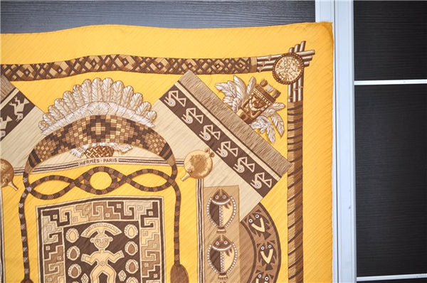 Authentic HERMES Pleats Scarf "HUACA PIRU" Silk Yellow 1031G