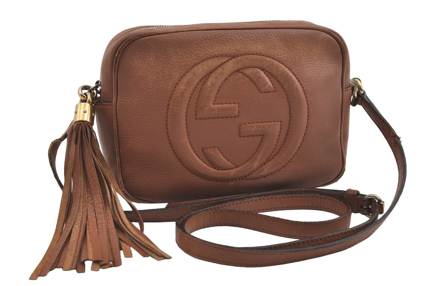 Authentic GUCCI SOHO Tassel Shoulder Cross Bag GG Leather 308364 Brown 1033I