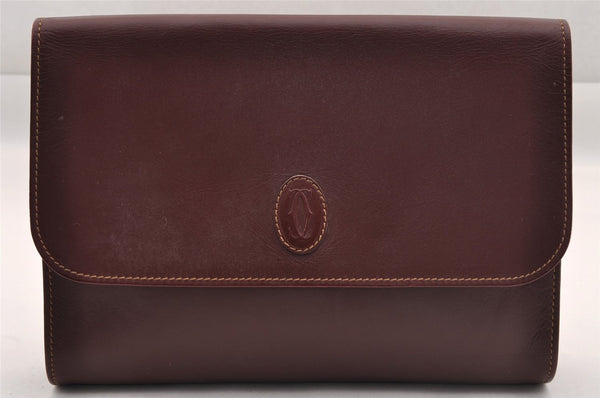 Authentic Cartier Must de Cartier Clutch Hand Bag Leather Bordeaux Red 1034I