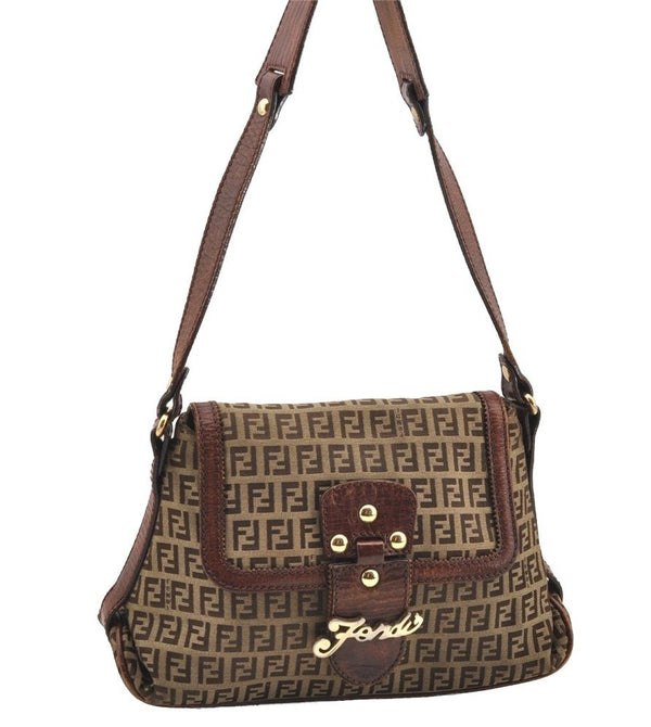 Authentic FENDI Zucchino Vintage Shoulder Bag Purse Canvas Leather Brown 1035I