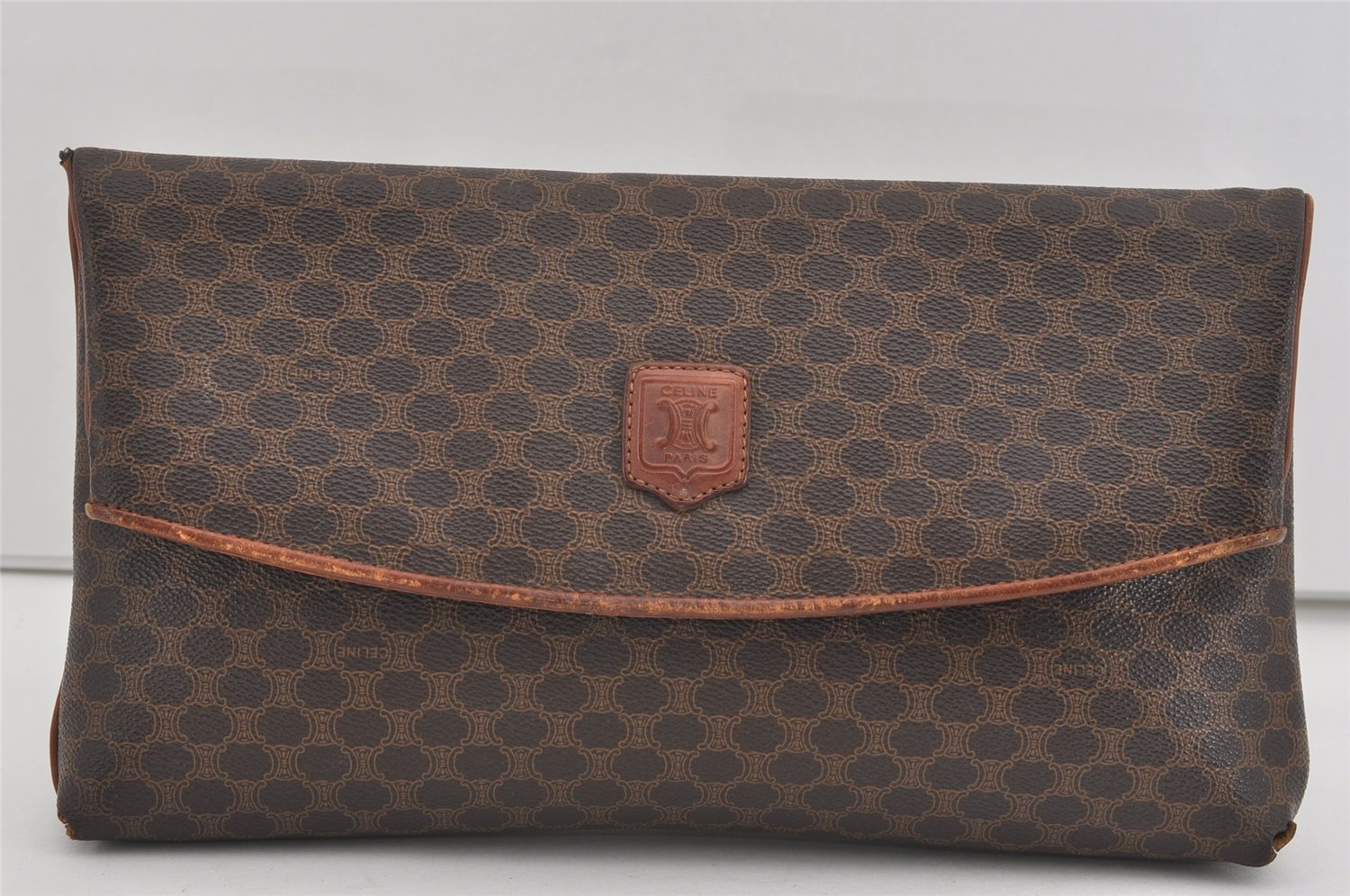 Authentic CELINE Macadam Blason Pattern Clutch Hand Bag PVC Leather Brown 1039I