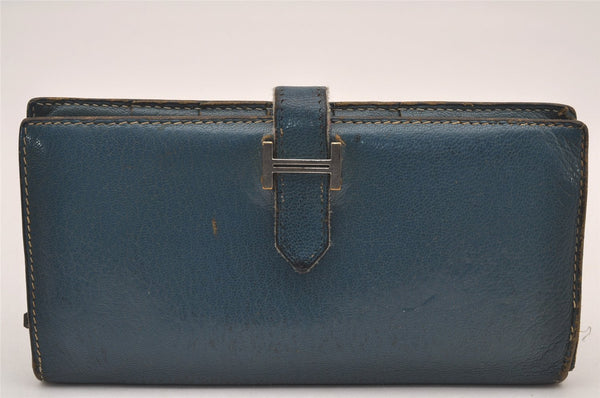 Authentic HERMES Bearn Classic Leather Long Wallet Purse Blue 1041I