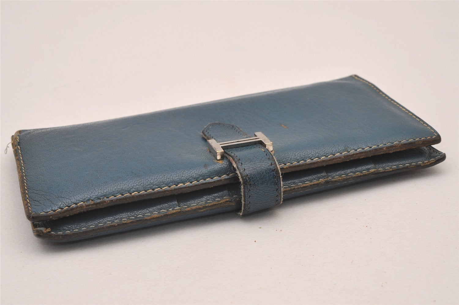 Authentic HERMES Bearn Classic Leather Long Wallet Purse Blue 1041I