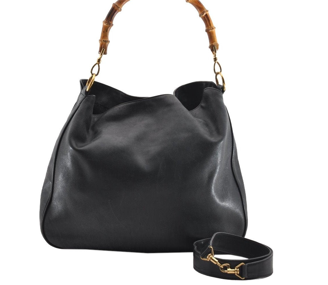 Authentic GUCCI Bamboo 2Way Shoulder Bag Leather Navy Blue Junk 1044I