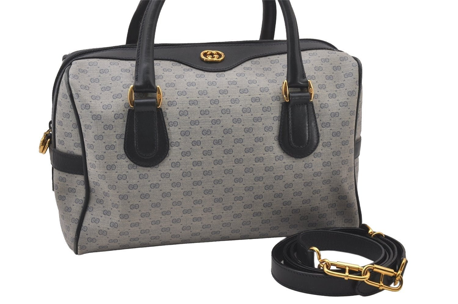 Authentic GUCCI Micro GG PVC Leather 2Way Shoulder Hand Boston Bag Navy 1045I