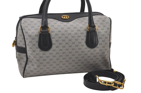 Authentic GUCCI Micro GG PVC Leather 2Way Shoulder Hand Boston Bag Navy 1045I