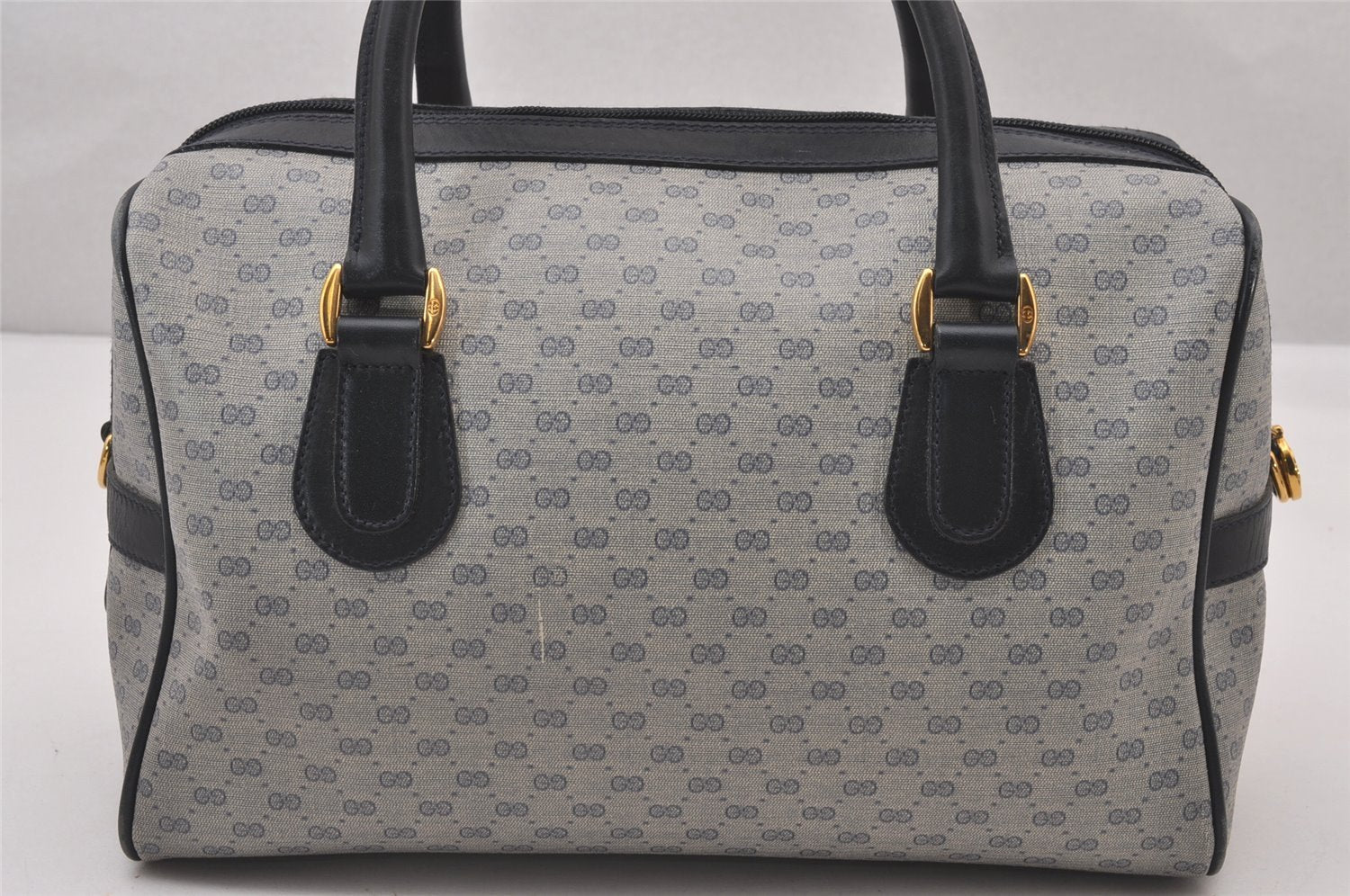 Authentic GUCCI Micro GG PVC Leather 2Way Shoulder Hand Boston Bag Navy 1045I