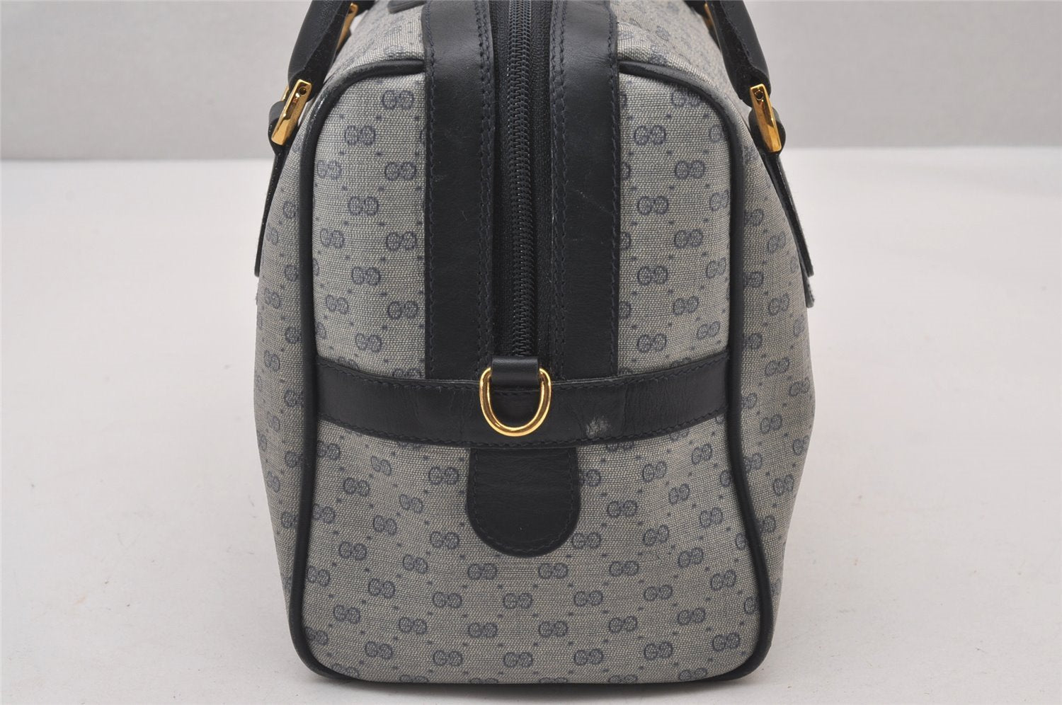 Authentic GUCCI Micro GG PVC Leather 2Way Shoulder Hand Boston Bag Navy 1045I