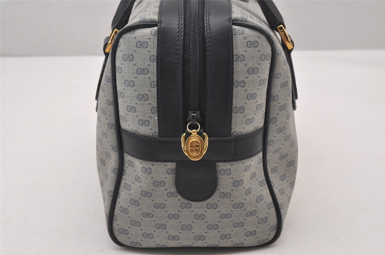 Authentic GUCCI Micro GG PVC Leather 2Way Shoulder Hand Boston Bag Navy 1045I