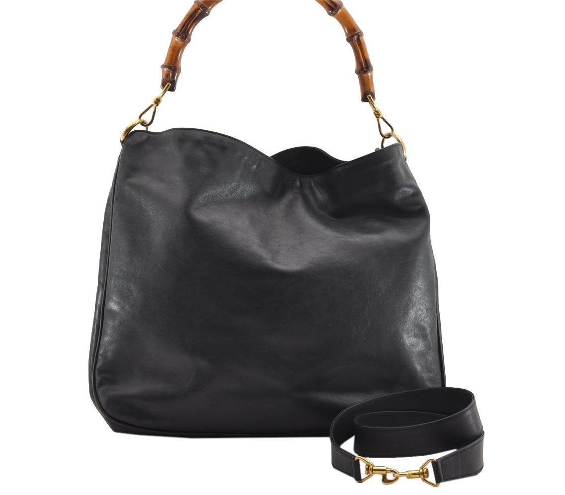Authentic GUCCI Vintage Bamboo 2Way Shoulder Bag Leather Black Junk 1052I