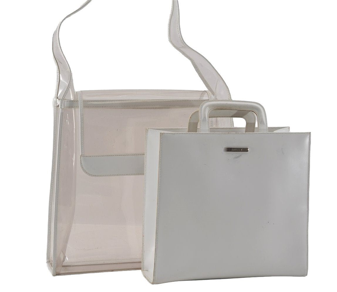 Authentic GUCCI 2 in 1 Shoulder Hand Bag Vinyl Leather Clear White 1053I