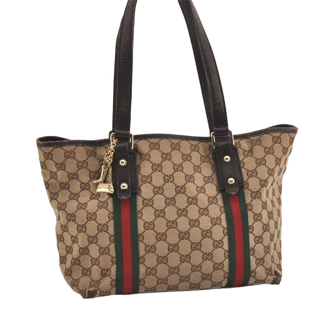 Authentic GUCCI Web Sherry Line Tote Bag GG Canvas Leather 137396 Brown 1054I