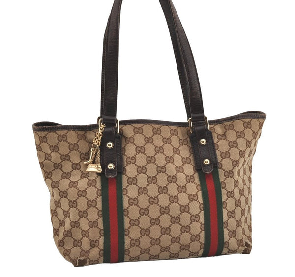 Authentic GUCCI Web Sherry Line Tote Bag GG Canvas Leather 137396 Brown 1054I