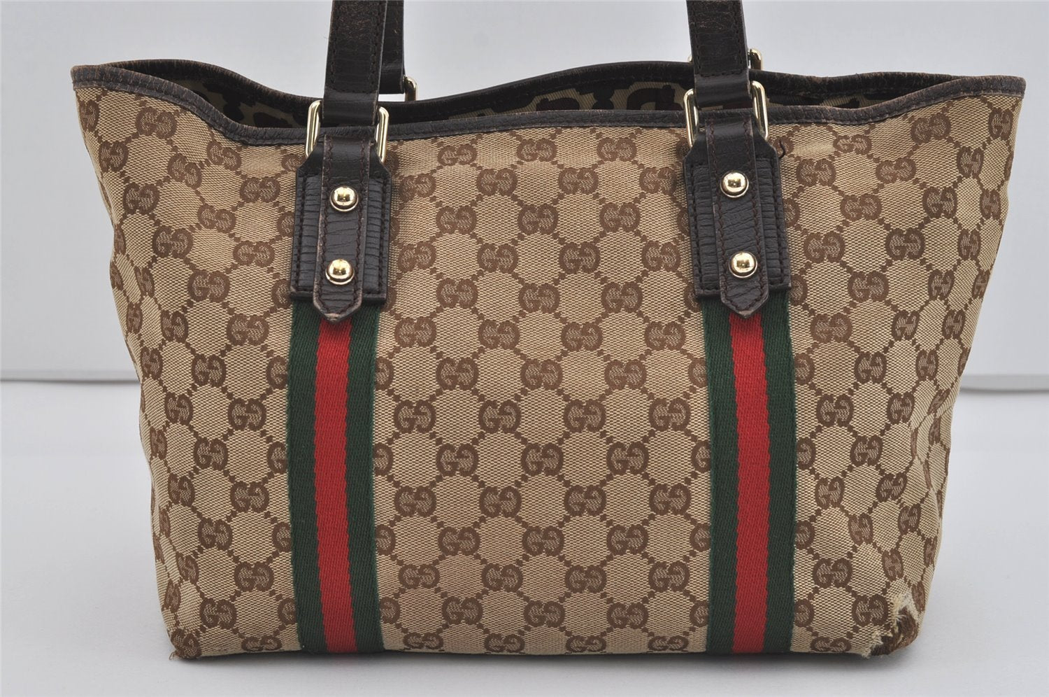Authentic GUCCI Web Sherry Line Tote Bag GG Canvas Leather 137396 Brown 1054I