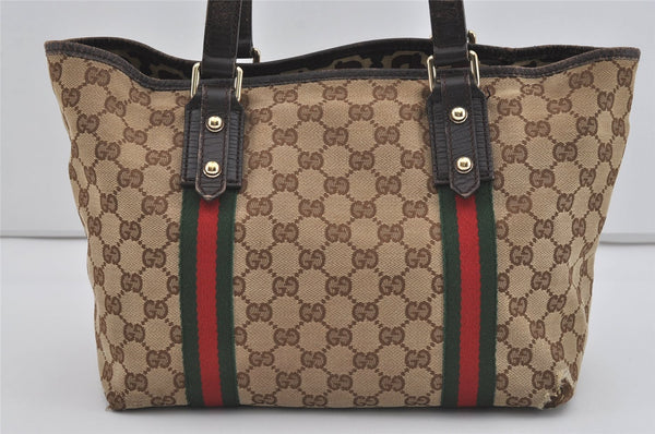 Authentic GUCCI Web Sherry Line Tote Bag GG Canvas Leather 137396 Brown 1054I