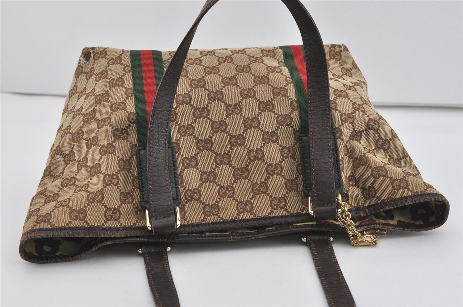Authentic GUCCI Web Sherry Line Tote Bag GG Canvas Leather 137396 Brown 1054I
