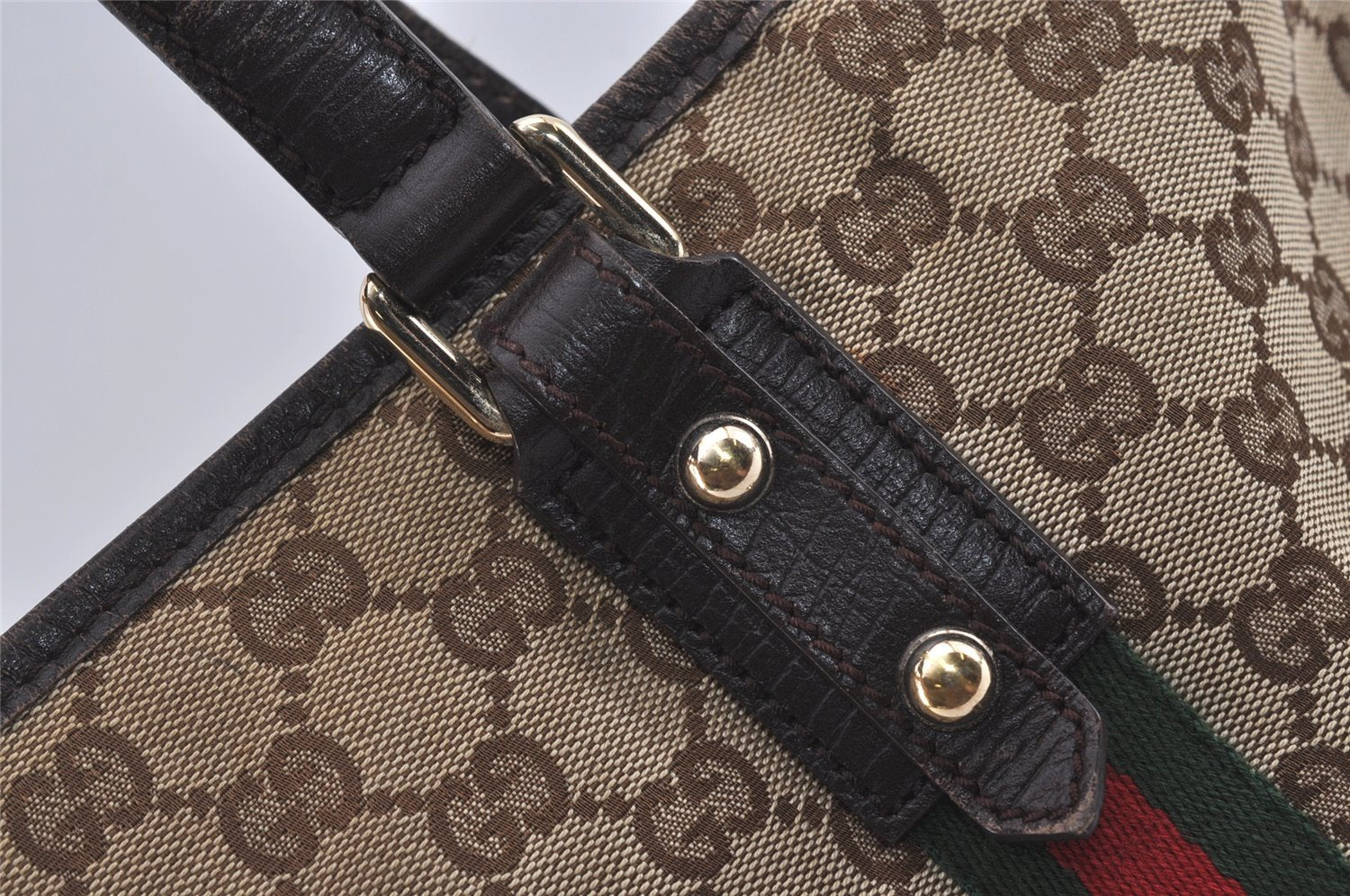 Authentic GUCCI Web Sherry Line Tote Bag GG Canvas Leather 137396 Brown 1054I