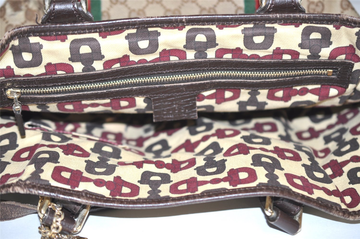 Authentic GUCCI Web Sherry Line Tote Bag GG Canvas Leather 137396 Brown 1054I