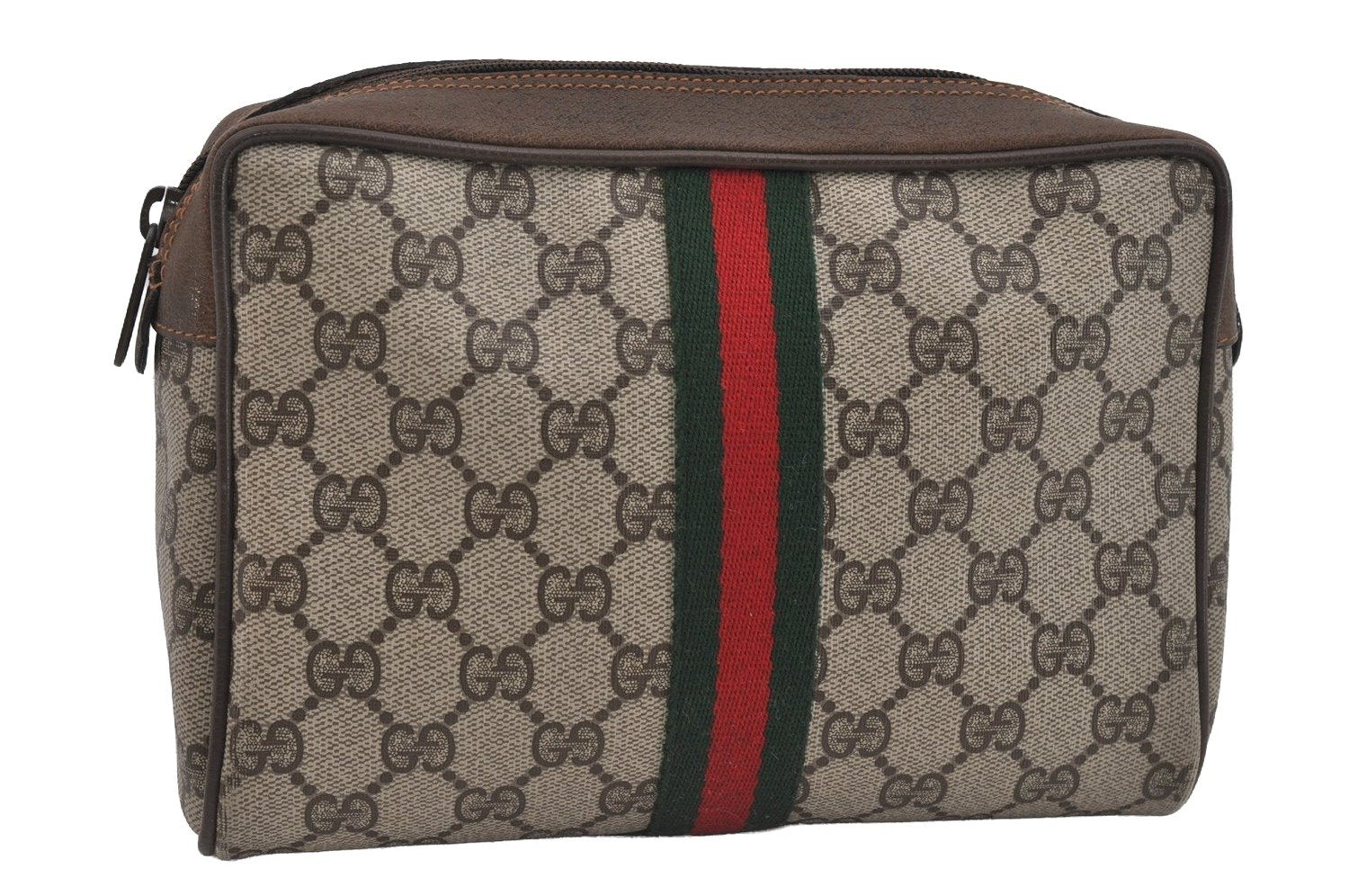 Authentic GUCCI Web Sherry Line Clutch Hand Bag GG PVC Leather Brown Junk 1055I