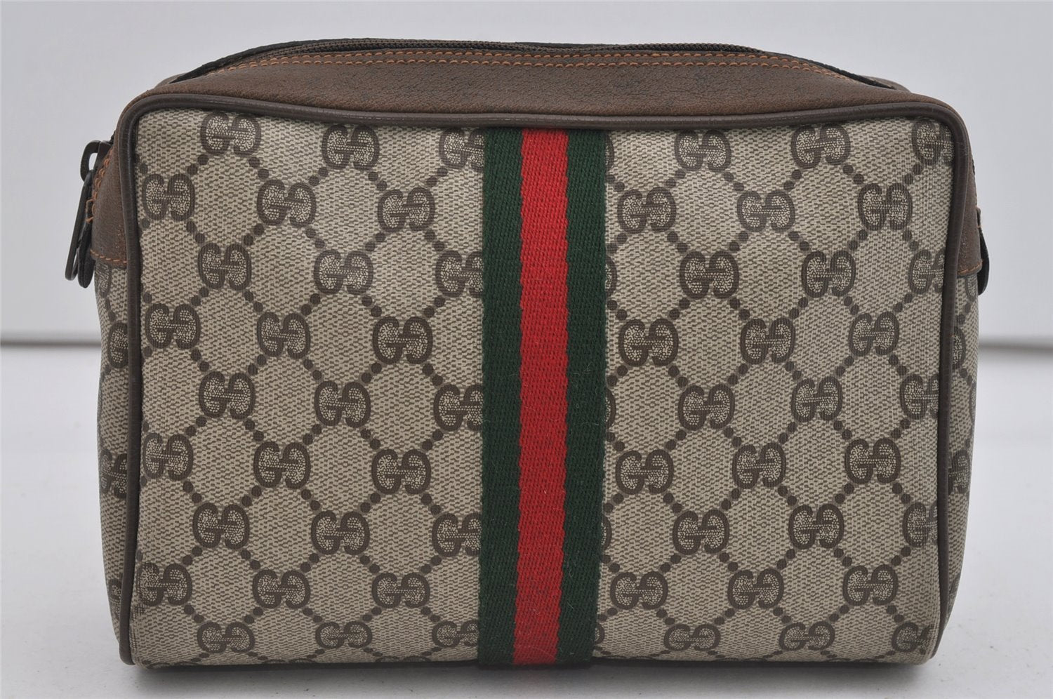 Authentic GUCCI Web Sherry Line Clutch Hand Bag GG PVC Leather Brown Junk 1055I
