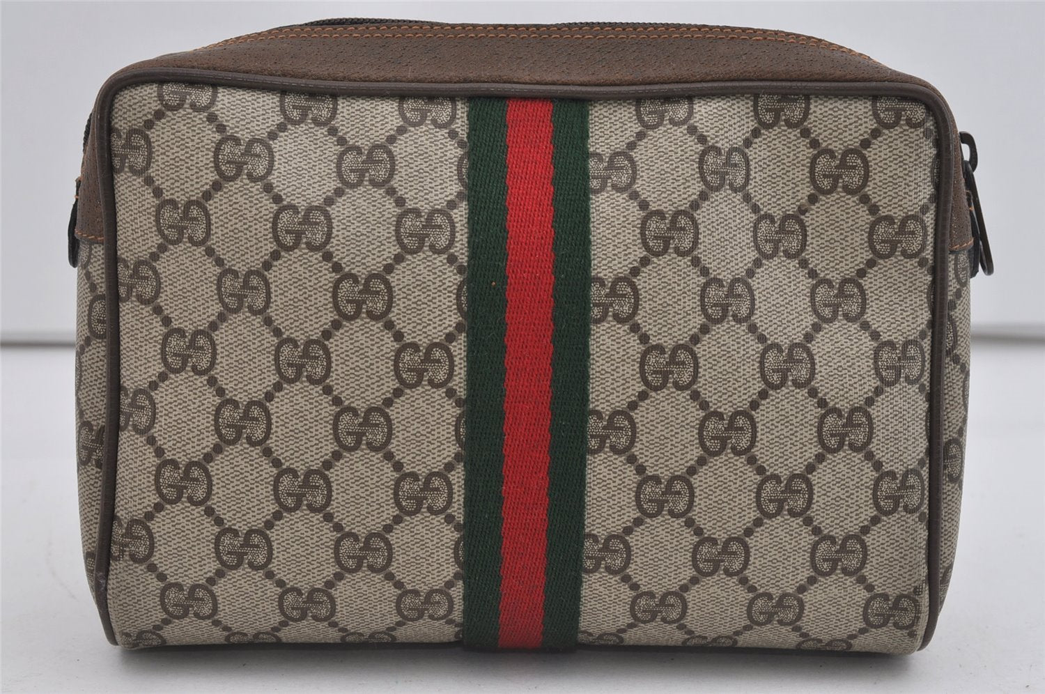 Authentic GUCCI Web Sherry Line Clutch Hand Bag GG PVC Leather Brown Junk 1055I