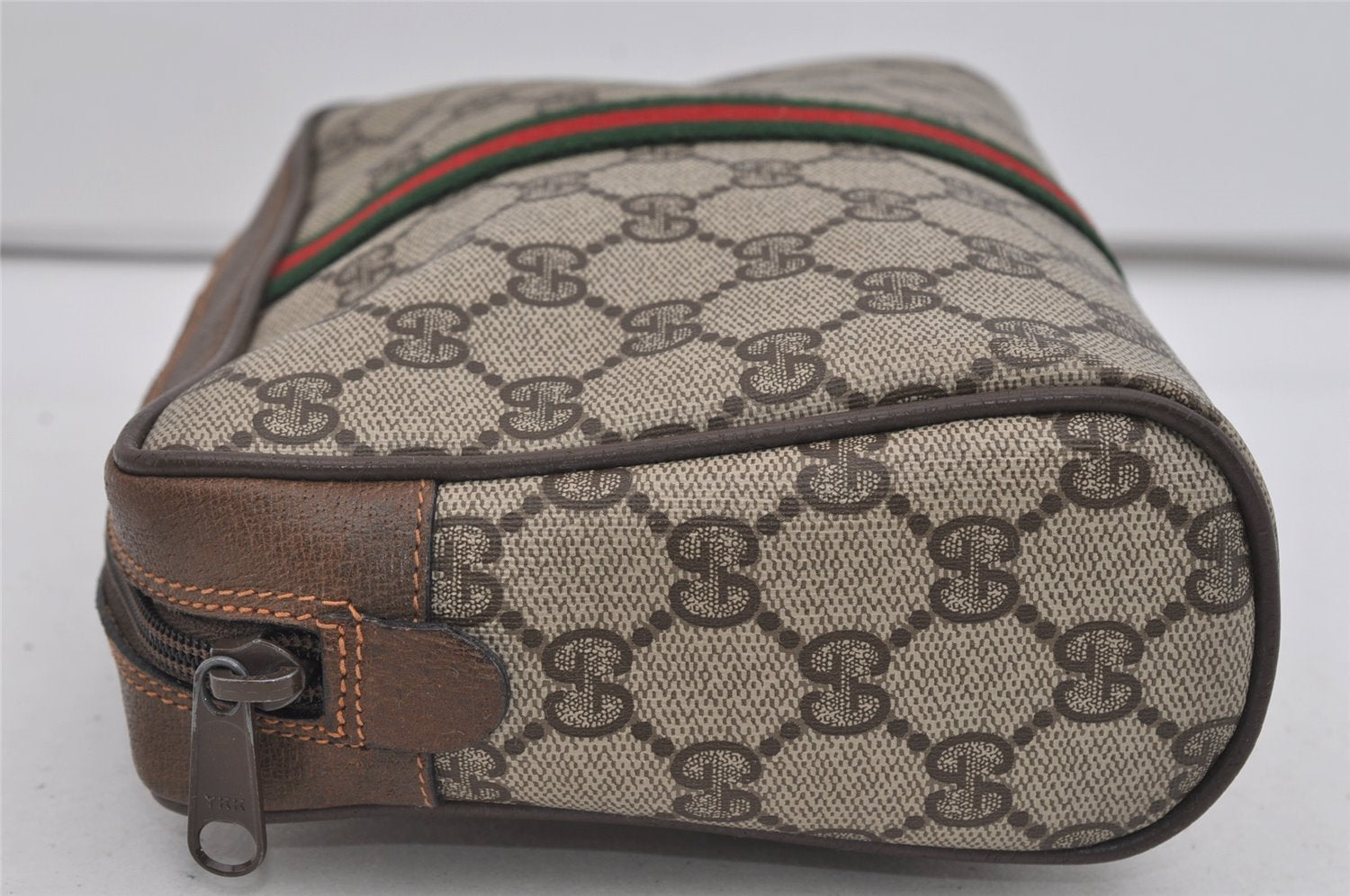 Authentic GUCCI Web Sherry Line Clutch Hand Bag GG PVC Leather Brown Junk 1055I