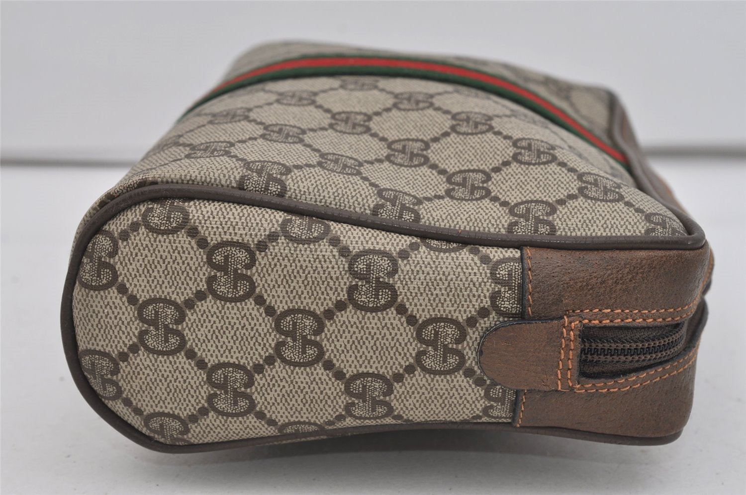 Authentic GUCCI Web Sherry Line Clutch Hand Bag GG PVC Leather Brown Junk 1055I