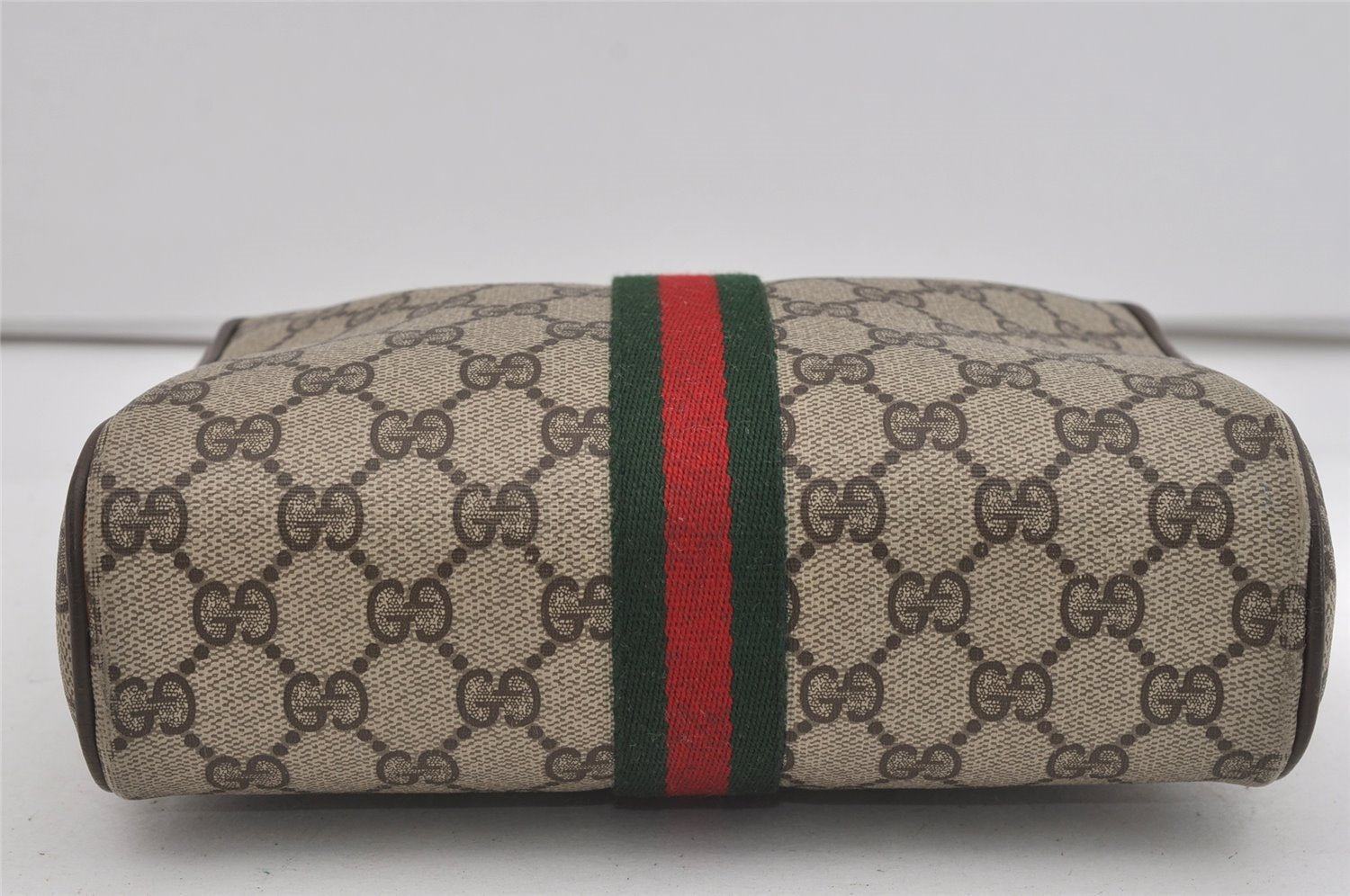 Authentic GUCCI Web Sherry Line Clutch Hand Bag GG PVC Leather Brown Junk 1055I