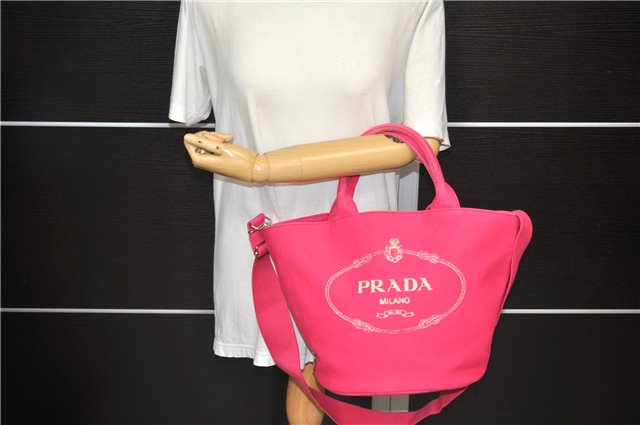 Authentic PRADA Canapa Canvas 2Way Shoulder Hand Bag Purse Pink 1056D