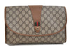 Authentic GUCCI Web Sherry Line Clutch Hand Bag Purse GG PVC Leather Brown 1057D