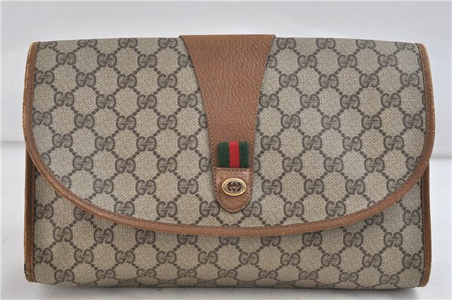 Authentic GUCCI Web Sherry Line Clutch Hand Bag Purse GG PVC Leather Brown 1057D
