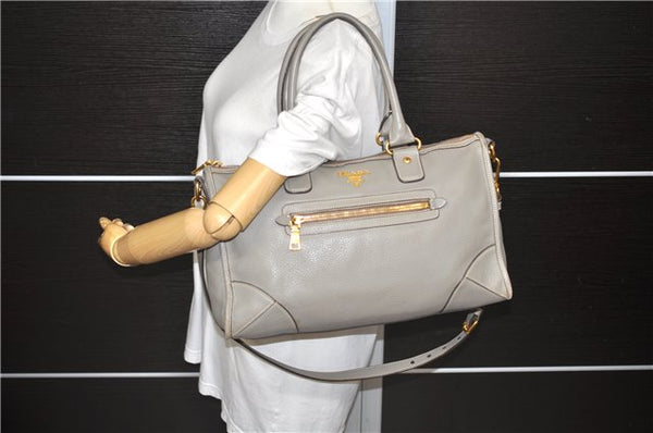 Authentic PRADA Cervo Leather 2Way Shoulder Hand Bag Purse Gray 1059D