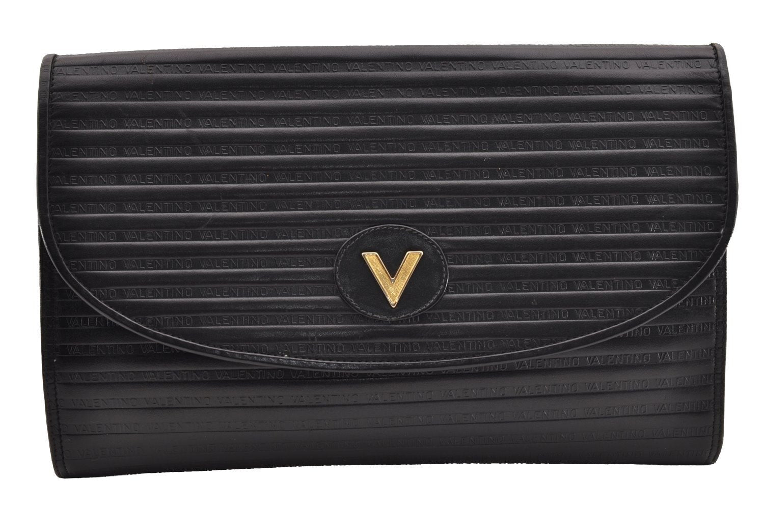 Authentic MARIO VALENTINO Vintage Logo Clutch Hand Bag Purse Leather Black 1064I