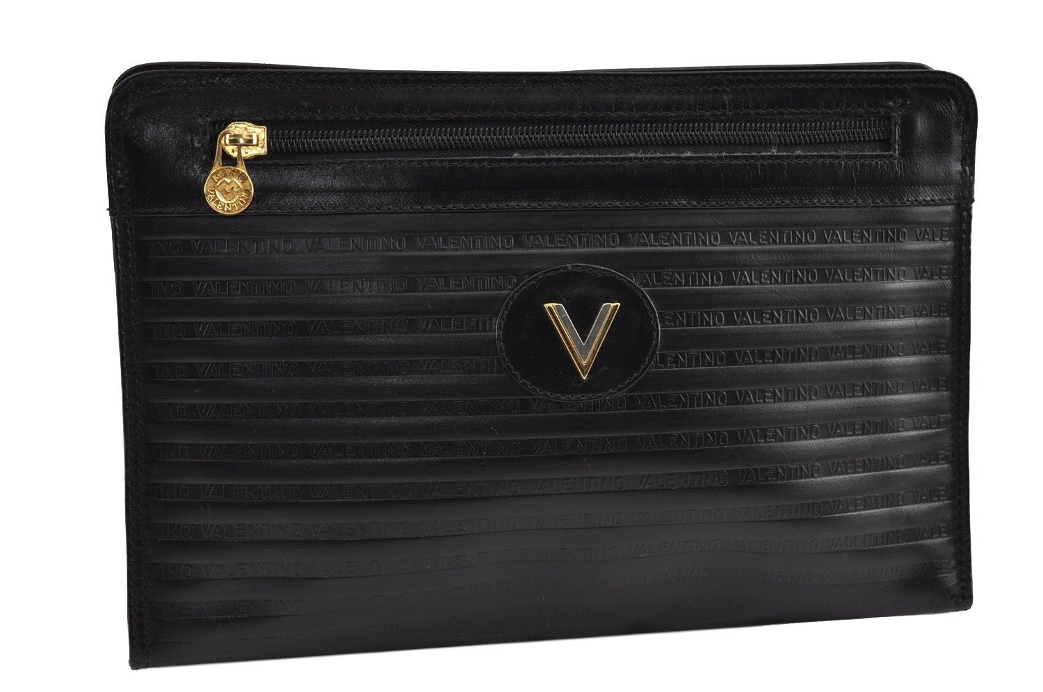 Authentic MARIO VALENTINO Vintage Logo Clutch Hand Bag Purse Leather Black 1065I