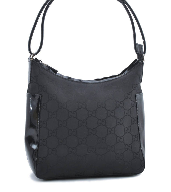 Authentic GUCCI Shoulder Hand Bag Purse GG Nylon Enamel 77112 Black 1069C
