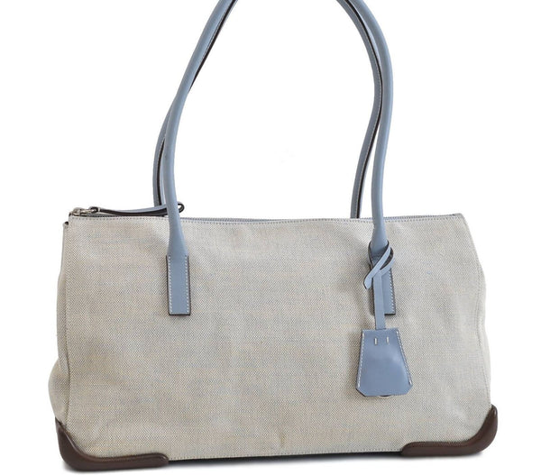 Authentic PRADA Canvas Leather Shoulder Hand Bag Purse Ivory Light Blue 1073C