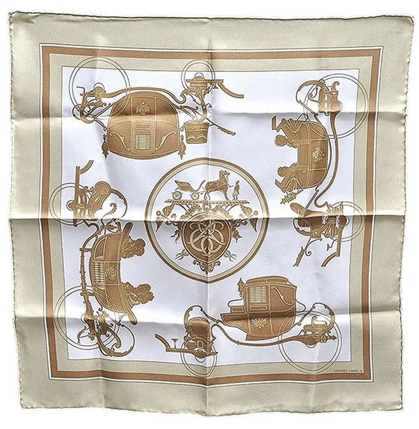 Auth HERMES Petit Carre 40 Scarf Handkerchief Carriage Motif Silk Beige 1074E