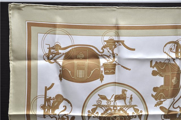 Auth HERMES Petit Carre 40 Scarf Handkerchief Carriage Motif Silk Beige 1074E