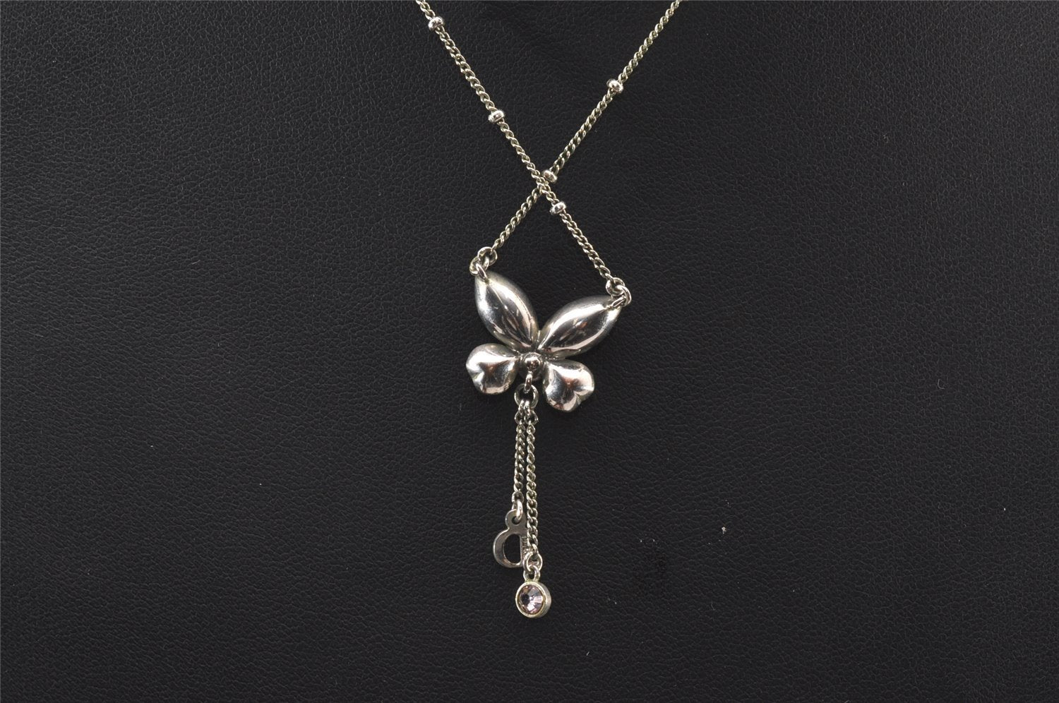 Auth Christian Dior Silver Tone Bijou Butterfly Chain Pendant Necklace 1084I