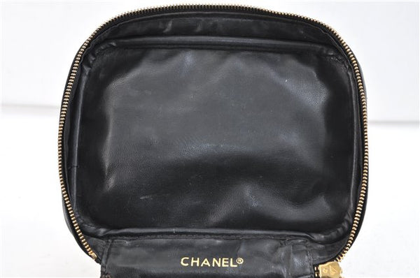 Authentic CHANEL Calf Skin Matelasse Vanity Hand Bag Black CC 1086D