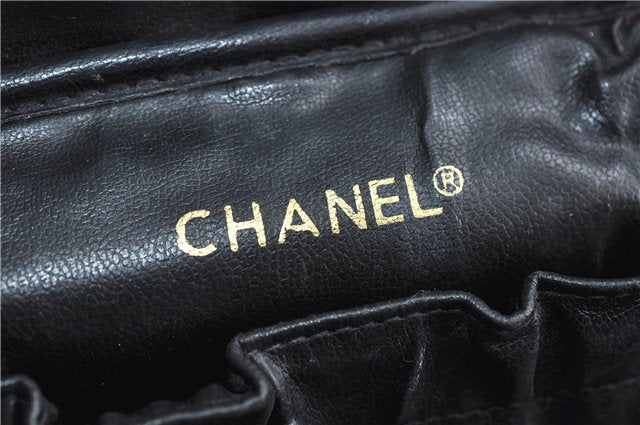 Authentic CHANEL Calf Skin Matelasse Vanity Hand Bag Black CC 1086D