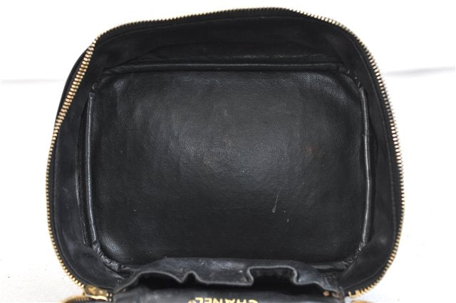 Authentic CHANEL Calf Skin Matelasse Vanity Hand Bag Black CC 1086D