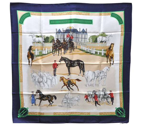 Authentic HERMES Carre 90 Scarf "LES HARAS NATIONAUX" Silk Blue Box 1089D