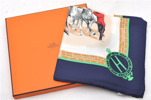 Authentic HERMES Carre 90 Scarf "LES HARAS NATIONAUX" Silk Blue Box 1089D