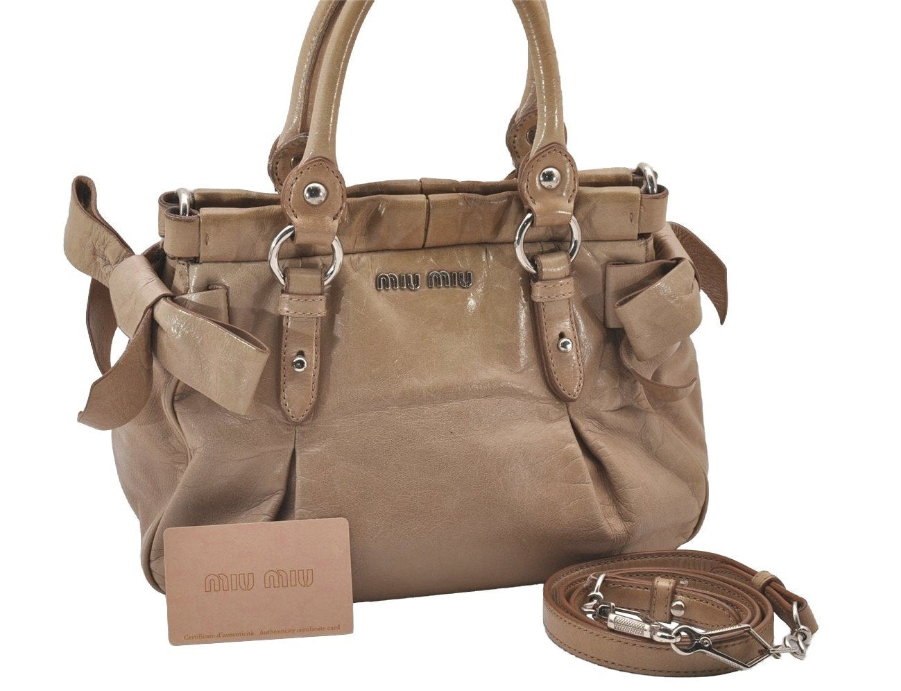 Authentic MIU MIU Vitello Lux Leather 2Way Shoulder Hand Bag RNN955 Beige 1093I